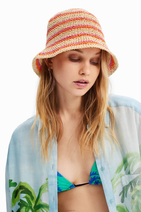 Women DesigualStriped raffia bucket hat Accessory 68X240569