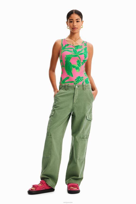 Women DesigualRibbed tropical bodysuit with straps Clothing 68X240799