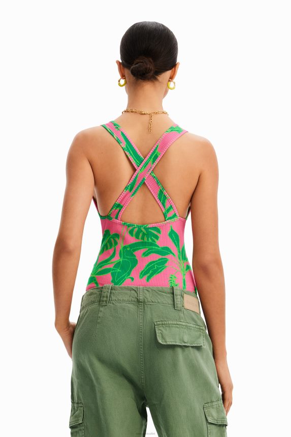 Women DesigualRibbed tropical bodysuit with straps Clothing 68X240799