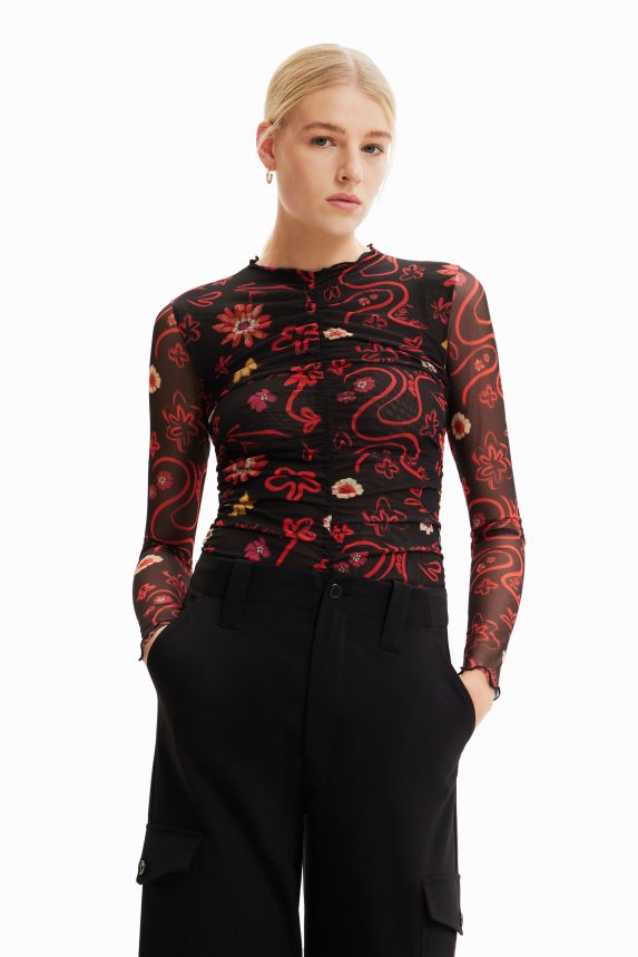 Women DesigualTulle ruched floral bodysuit Clothing 68X240495