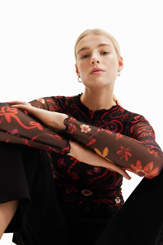 Women DesigualTulle ruched floral bodysuit Clothing 68X240495