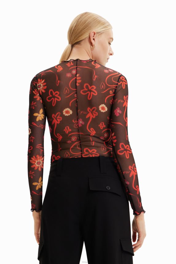 Women DesigualTulle ruched floral bodysuit Clothing 68X240495