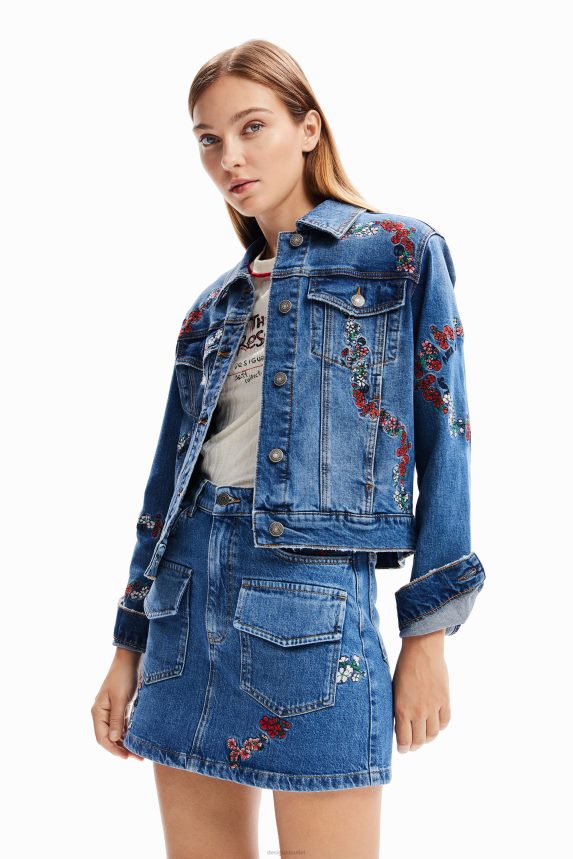 Women DesigualEmbroidered denim trucker jacket Clothing 68X240211