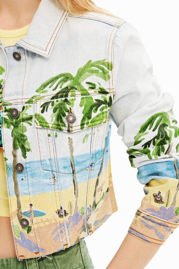 Women DesigualShort tropical denim jacket Clothing 68X240630