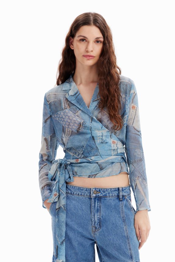 Women DesigualDenim patchwork wrap blouse Clothing 68X240106