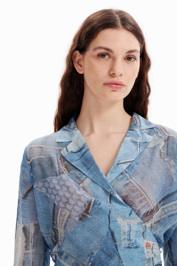 Women DesigualDenim patchwork wrap blouse Clothing 68X240106