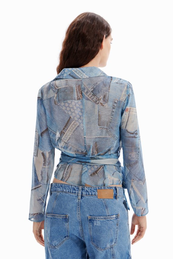 Women DesigualDenim patchwork wrap blouse Clothing 68X240106