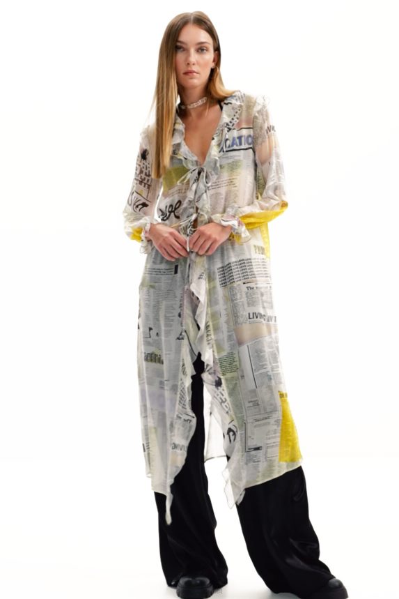 Women DesigualLong ruffle newspaper blouse Clothing 68X240105