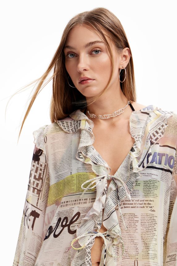 Women DesigualLong ruffle newspaper blouse Clothing 68X240105