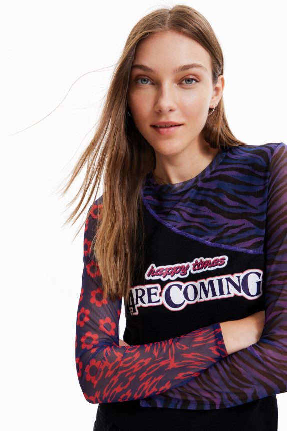 Women DesigualPatchwork tulle T-shirt with message Clothing 68X2401075