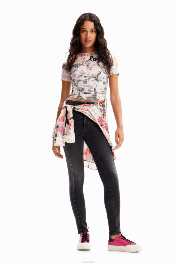 Women DesigualSlim gathered newspaper T-shirt Clothing 68X240183