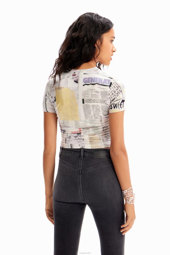 Women DesigualSlim gathered newspaper T-shirt Clothing 68X240183