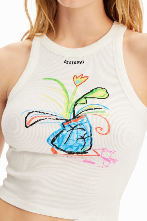 Women DesigualSlim ribbed illustration T-shirt Clothing 68X240580