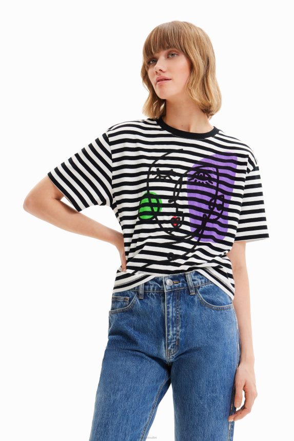 Women DesigualStriped arty face T-shirt Clothing 68X2401021