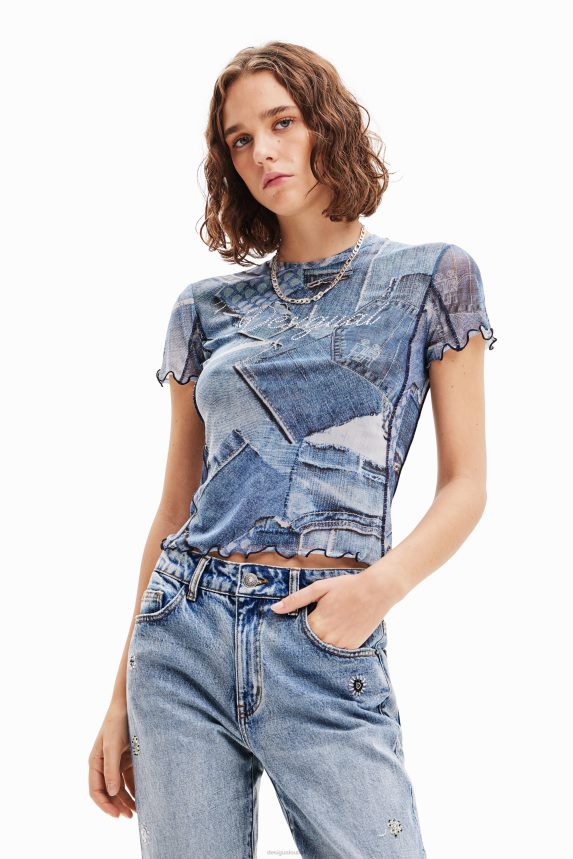 Women DesigualTulle patchwork denim T-shirt Clothing 68X24042