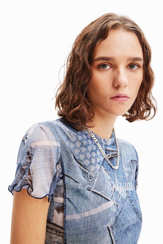 Women DesigualTulle patchwork denim T-shirt Clothing 68X24042
