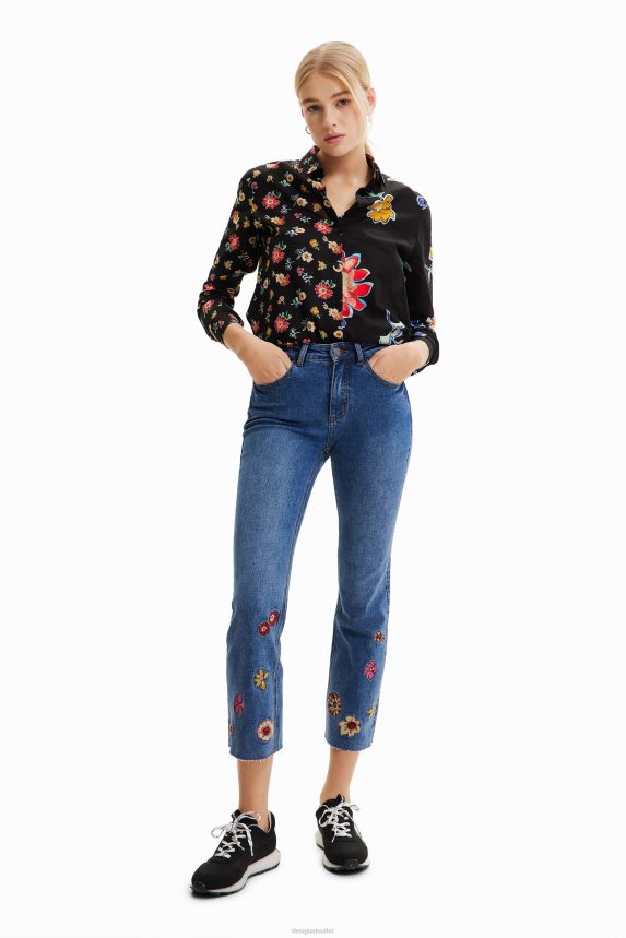 Women DesigualFloral embroidery flare cropped jeans Clothing 68X2401013